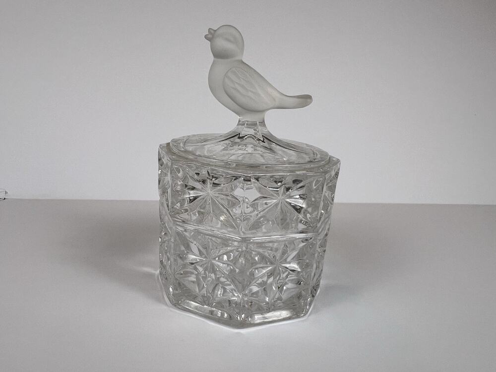 Vintage Hofbauer Byrdes Clear Leaded Crystal Octagonal Trinket Box W/ Lid Bird
